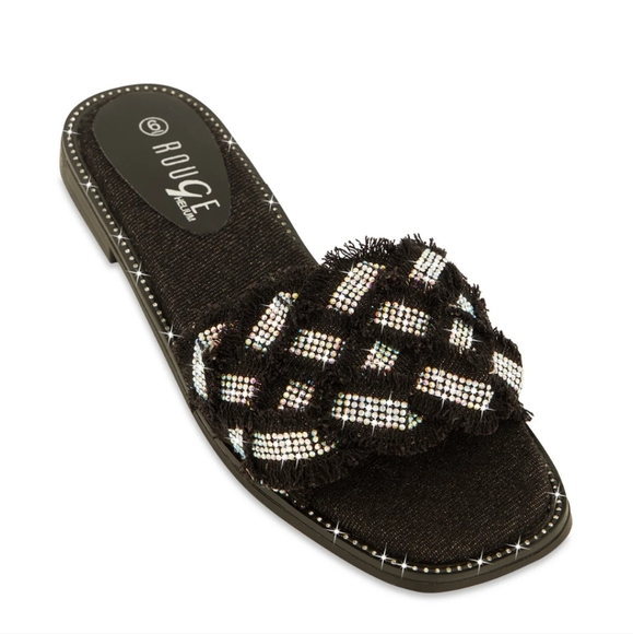 Rouge Helium Shoes - Black Rhinestone Frayed Rhinestone Sandals 🆕